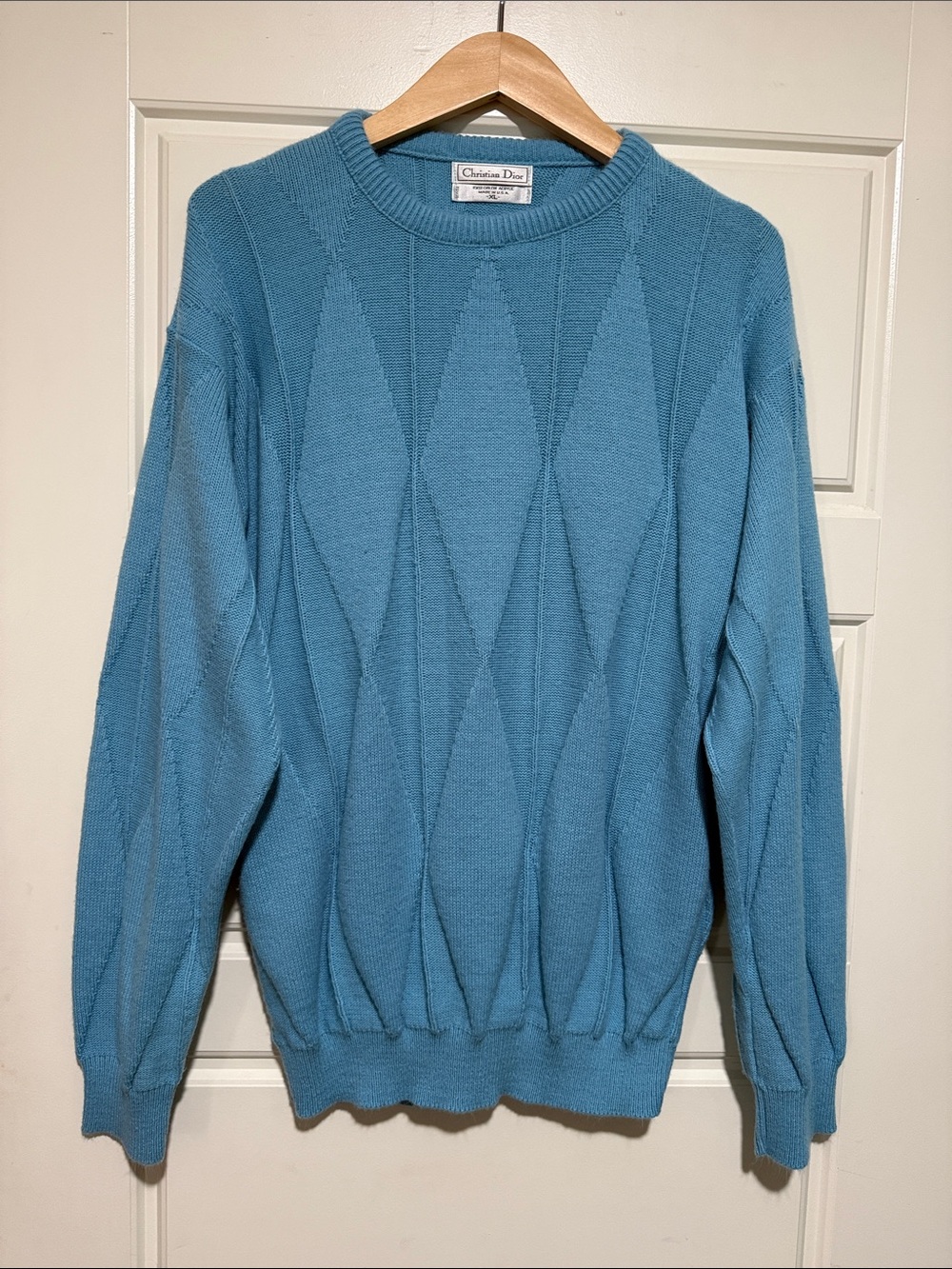 Vintage Christian Dior Woven Blue Sweater Diamond pattern xl made in the USA 90s